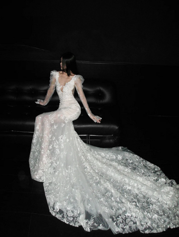 Niulatu Jewel Mermaid Wedding Dress Tulle Appliques Long Sleeves Bridal Gowns Ivory Bridal Dresses HZ1026